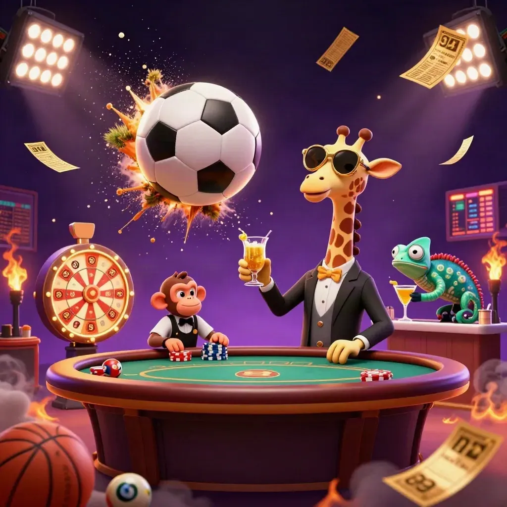 Soccer ball and turf spray erupt as casino animals and prizes explode in neon light.