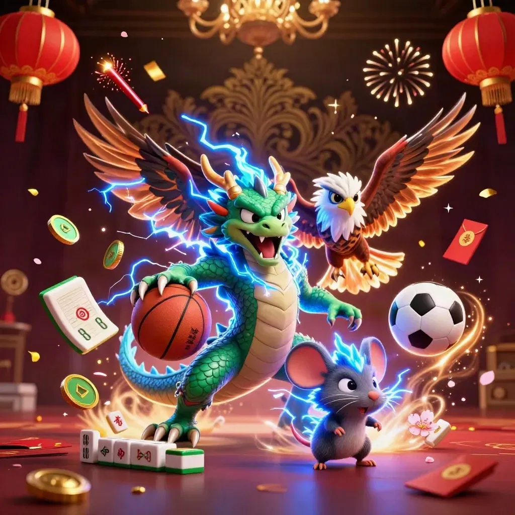 Thunder dragon, wind hawk and static mouse explode around sports balls, jade coins and casino gold.