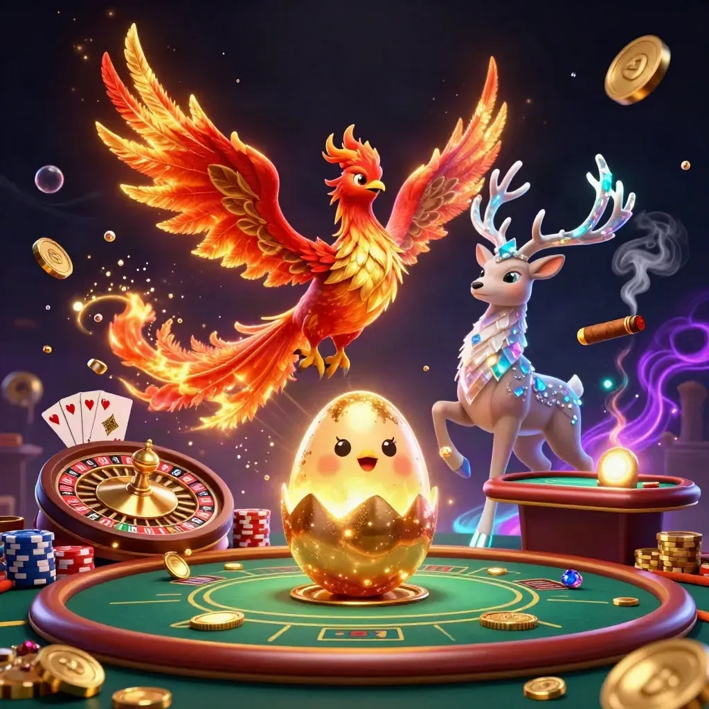 Phoenix, stag, and egg amid gold coins, roulette, chips, and glowing casino magic.