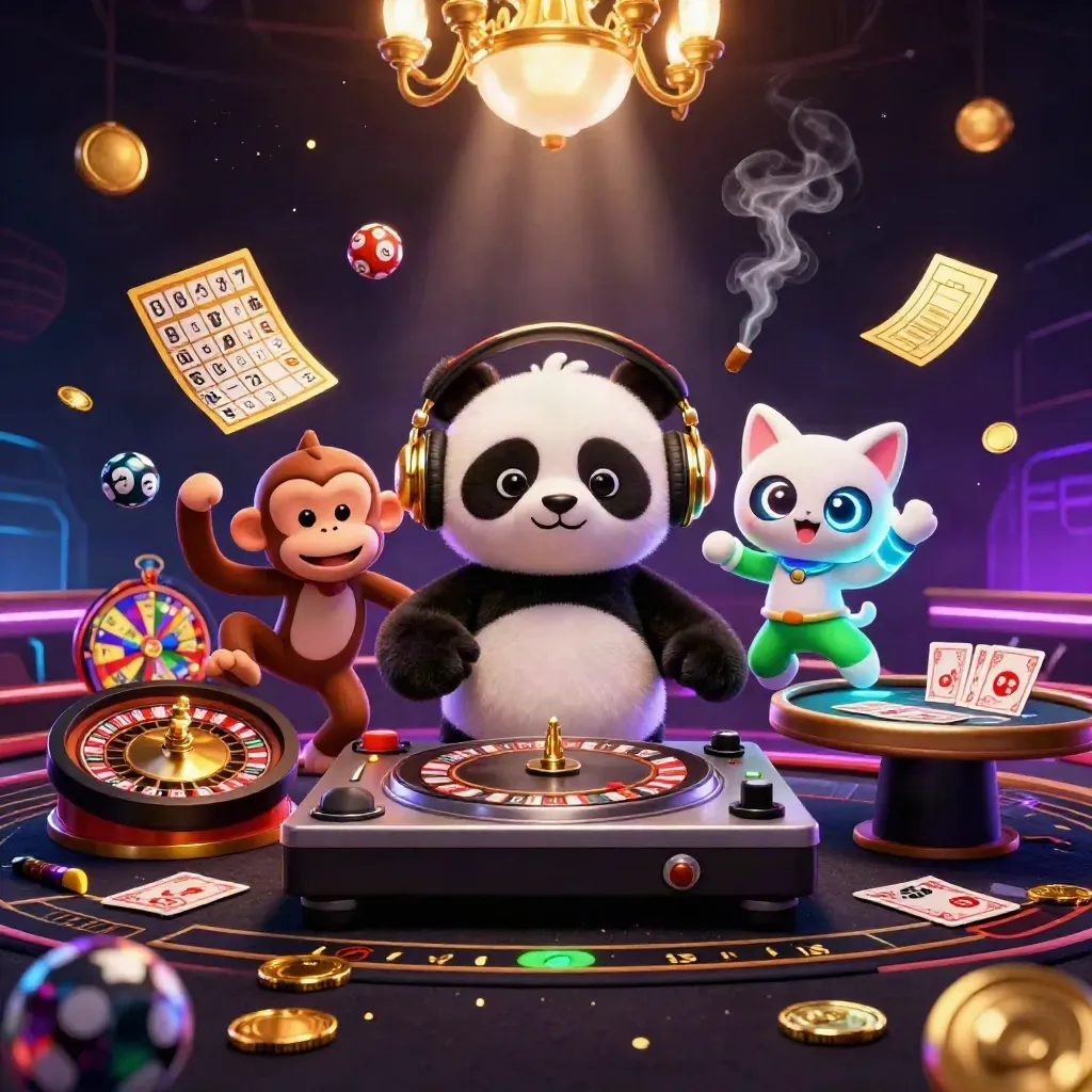 DJ panda, dancing monkey, and rave kitten in a luxe neon casino room