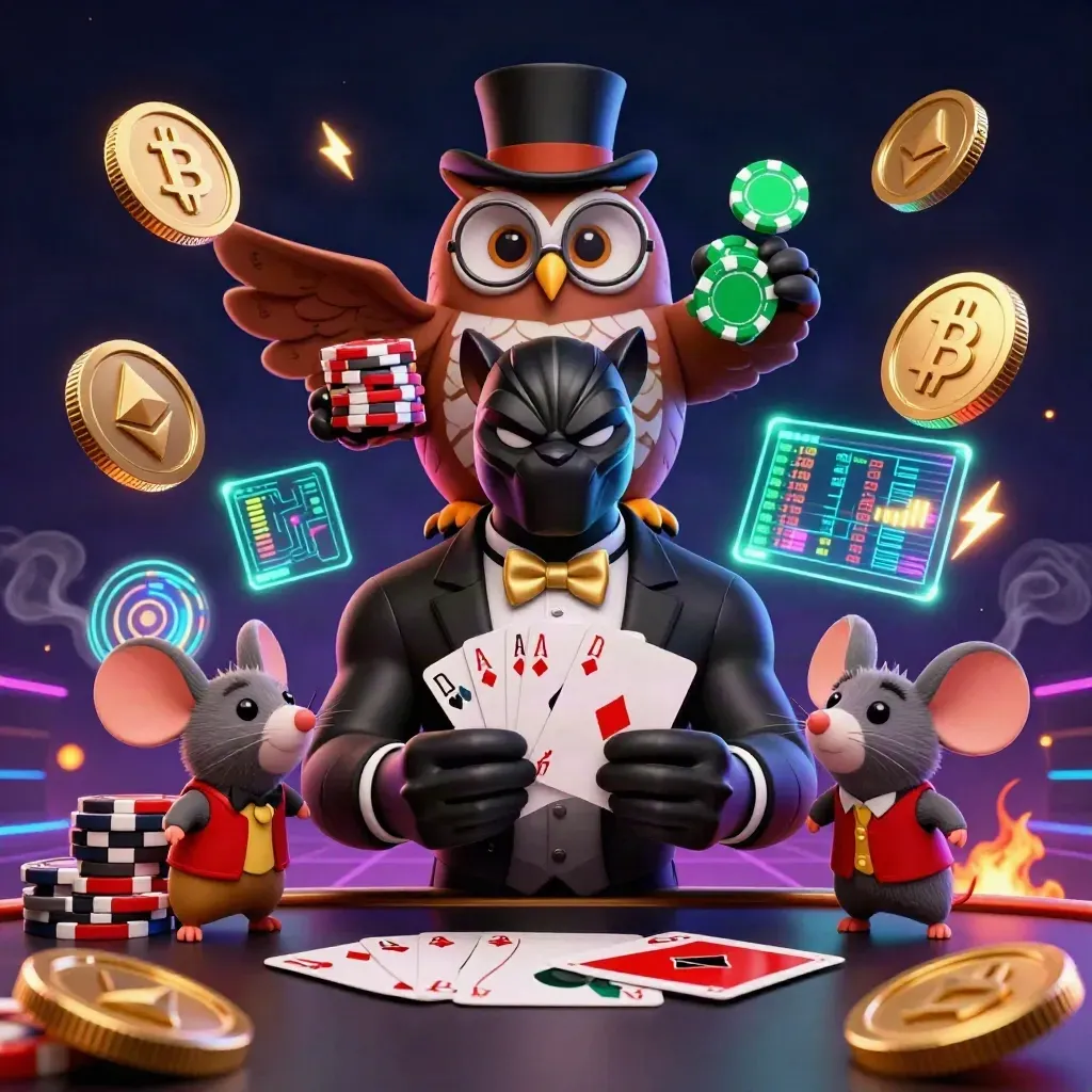 Panther dealer, owl with chips, and mouse in a luxe neon crypto casino burst on dark indigo.