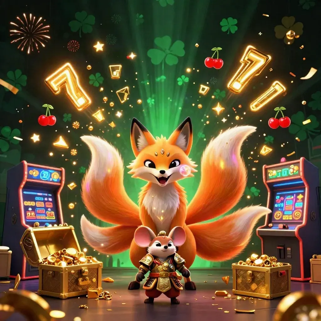 Nine-tailed fox spirit and armored mouse amid casino loot, dice, gems, fireworks, and glowing magic.