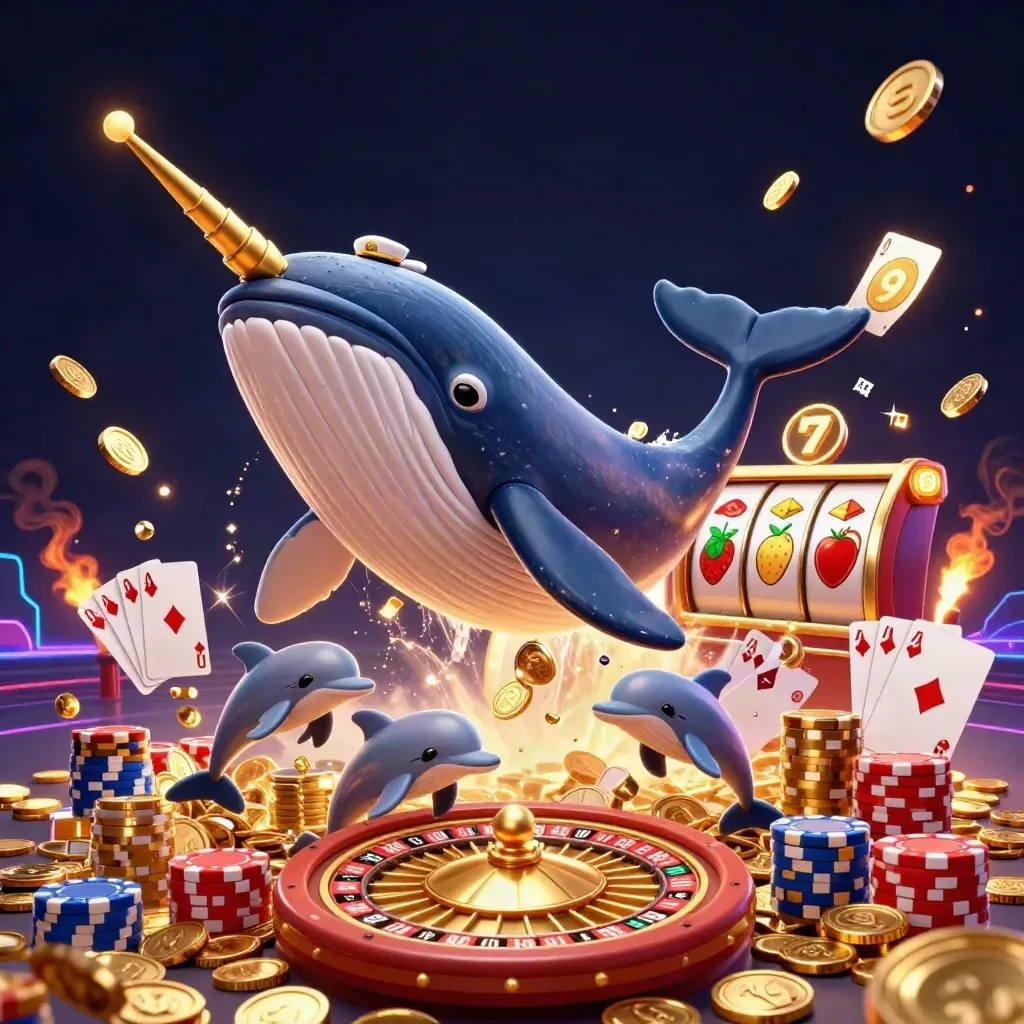 Whale, narwhal, and dolphins burst through coins with casino chips and glowing lights.