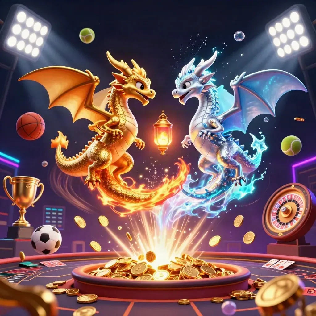 Twin gold and silver dragons burst through casino treasure with flying sports icons and glowing lights.