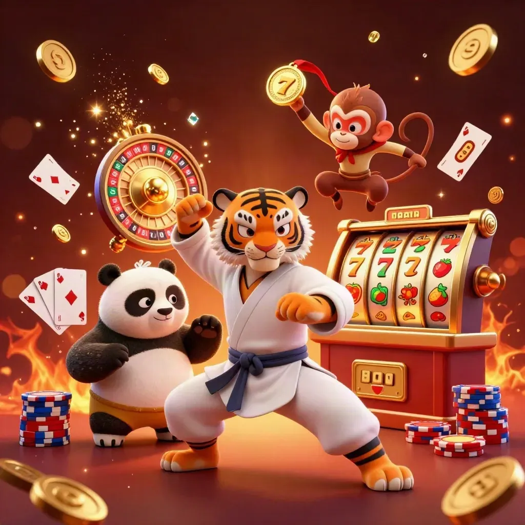 Kung-fu tiger, panda, and monkey amid casino chips, coins, and spinning roulette on a dark luxe glow.