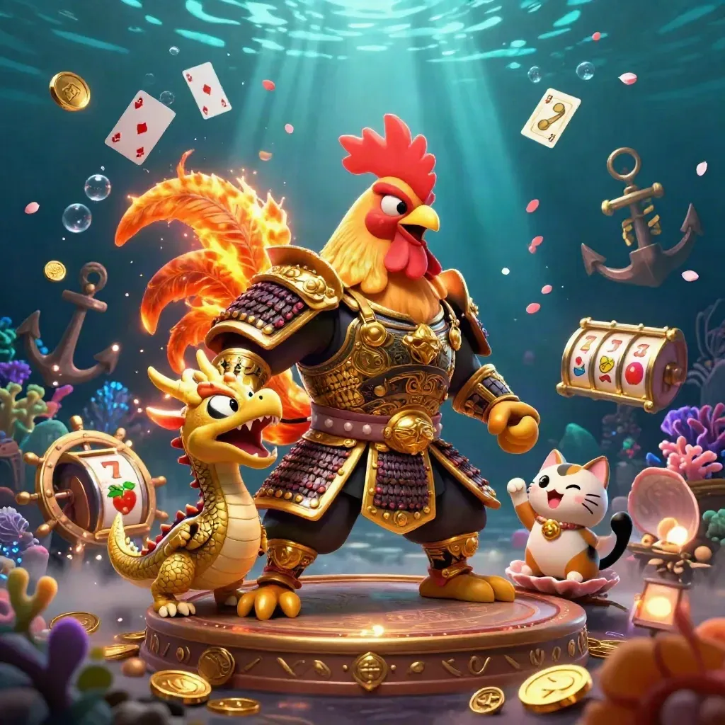 Golden samurai rooster, spark-breathing dragon hatchling and cheering fortune cat in a treasure cove.